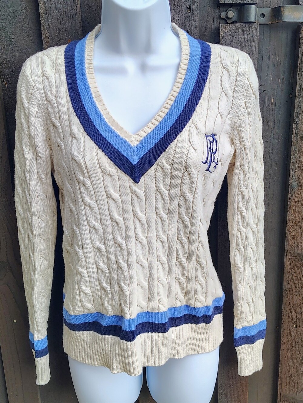 Ralph Lauren Cream Cable-Knit V-Neck Sweater with Blue Trim